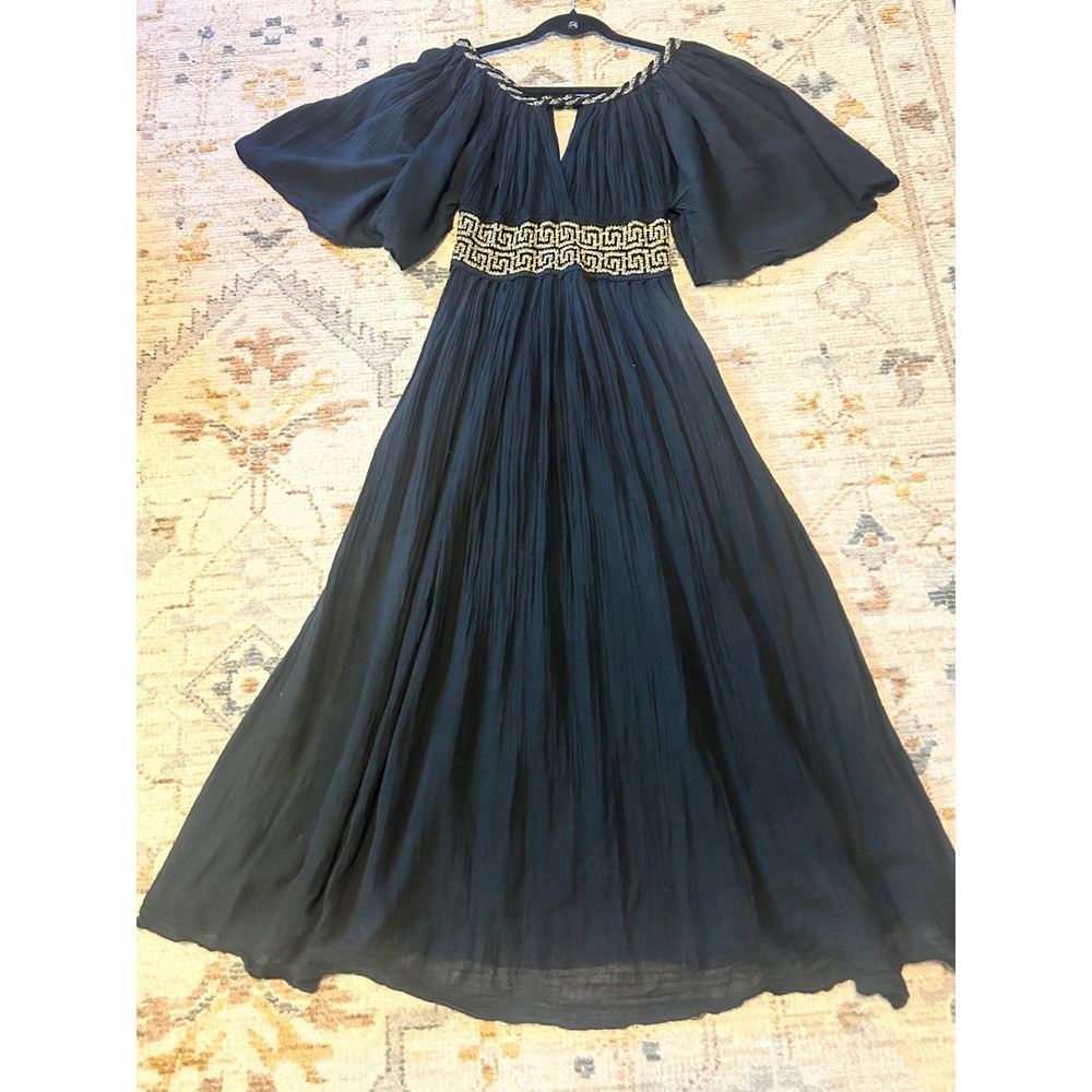 Mohns Ancient Hellas Black Cotton Gauze Greek Key Maxi Dress Gold Embroidered